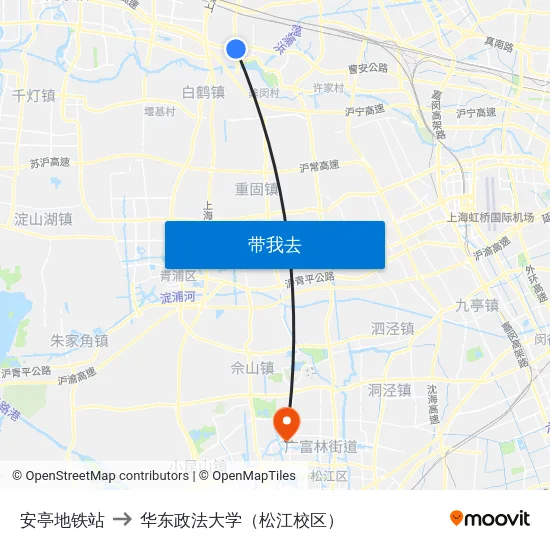 安亭地铁站 to 华东政法大学（松江校区） map