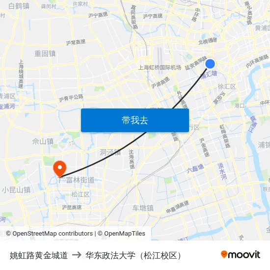 姚虹路黄金城道 to 华东政法大学（松江校区） map