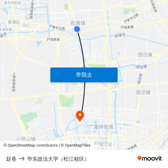 赵巷 to 华东政法大学（松江校区） map