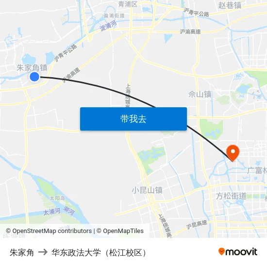 朱家角 to 华东政法大学（松江校区） map