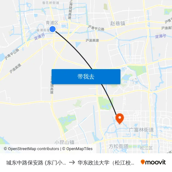 城东中路保安路 (东门小学) to 华东政法大学（松江校区） map