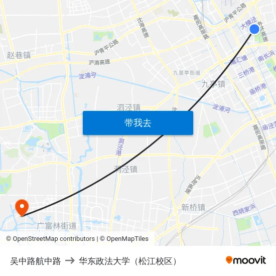 吴中路航中路 to 华东政法大学（松江校区） map