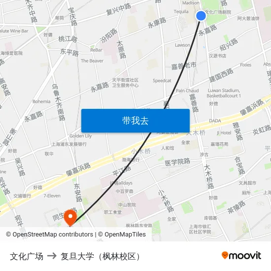 文化广场 to 复旦大学（枫林校区） map