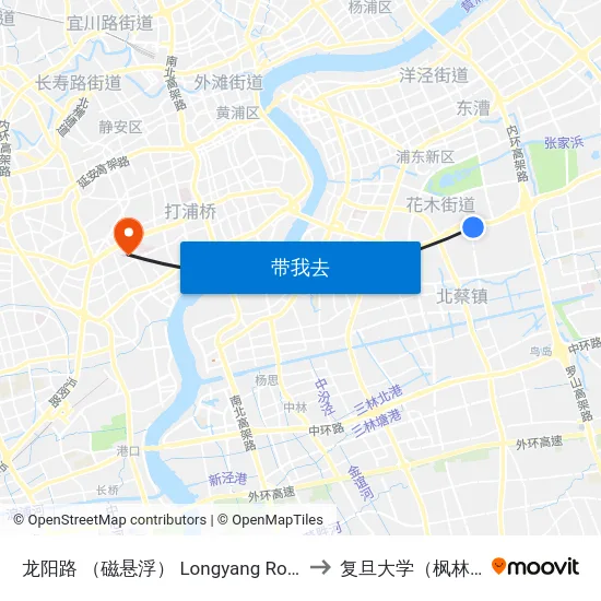 龙阳路 （磁悬浮） Longyang Road (Maglev) to 复旦大学（枫林校区） map