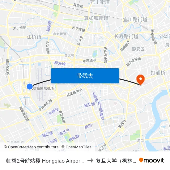 虹桥2号航站楼 Hongqiao Airport Terminal 2 to 复旦大学（枫林校区） map