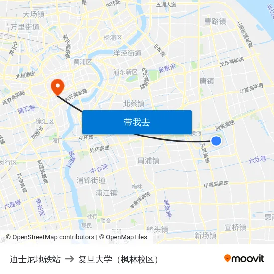 迪士尼地铁站 to 复旦大学（枫林校区） map