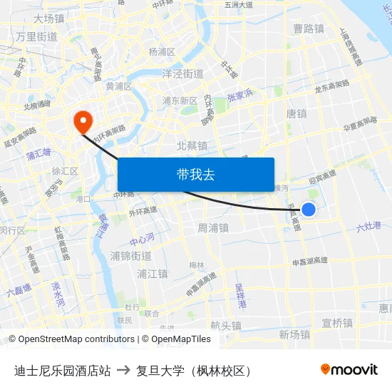迪士尼乐园酒店站 to 复旦大学（枫林校区） map