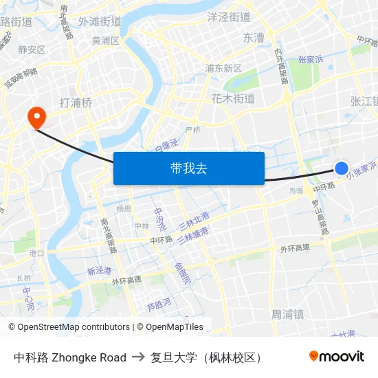 中科路 Zhongke Road to 复旦大学（枫林校区） map
