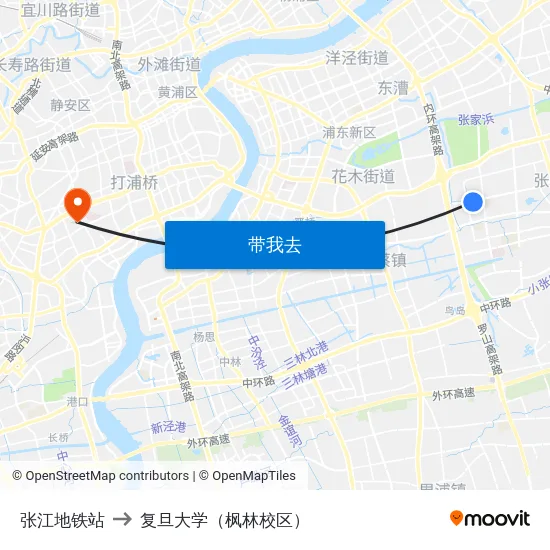张江地铁站 to 复旦大学（枫林校区） map