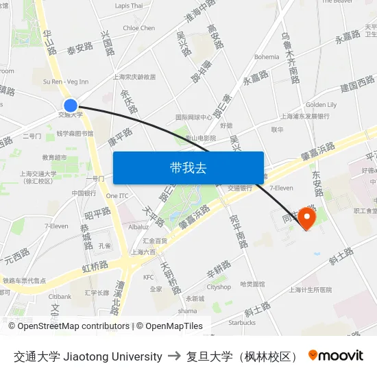 交通大学 Jiaotong University to 复旦大学（枫林校区） map