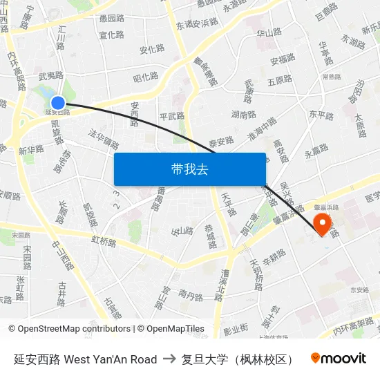延安西路 West Yan'An Road to 复旦大学（枫林校区） map