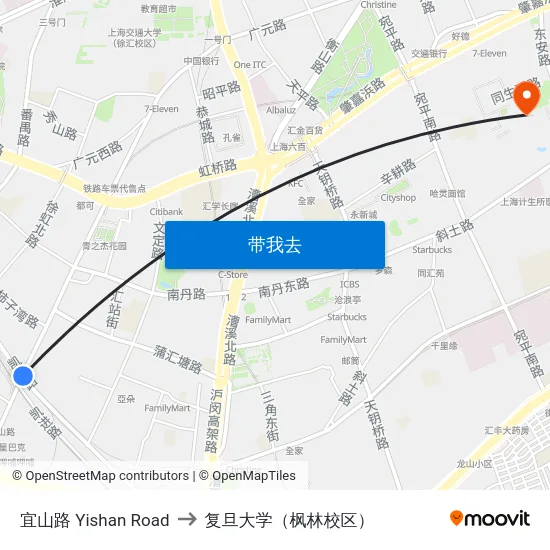 宜山路 Yishan Road to 复旦大学（枫林校区） map