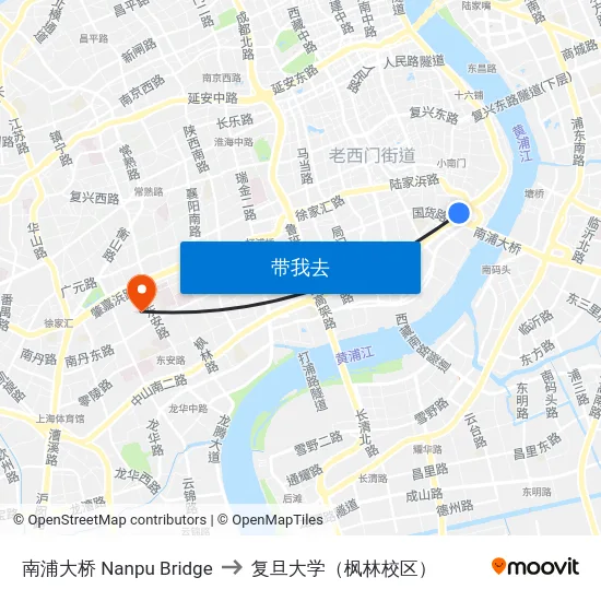 南浦大桥 Nanpu Bridge to 复旦大学（枫林校区） map