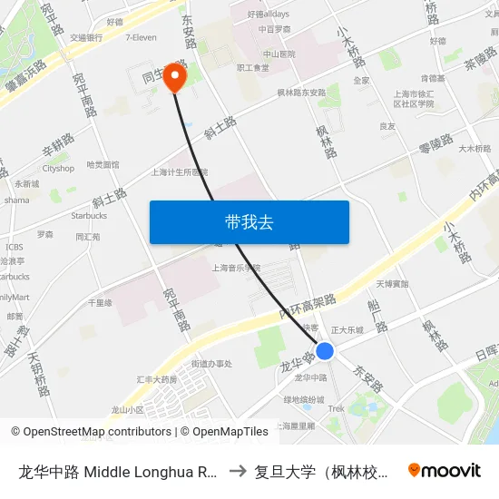 龙华中路 Middle Longhua Road to 复旦大学（枫林校区） map