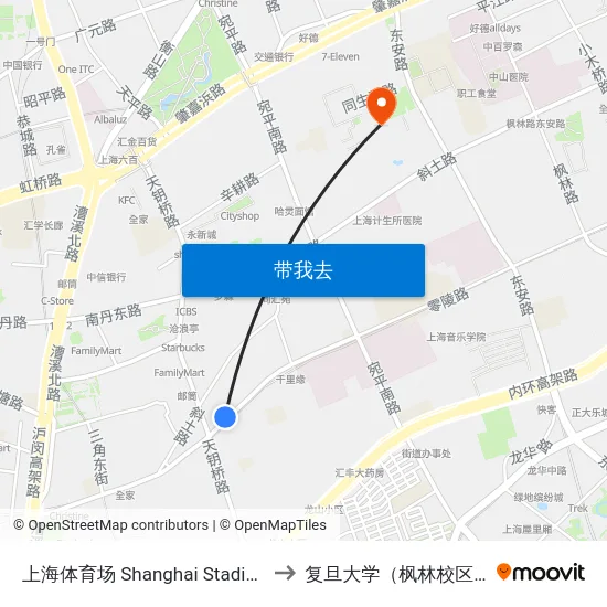 上海体育场 Shanghai Stadium to 复旦大学（枫林校区） map