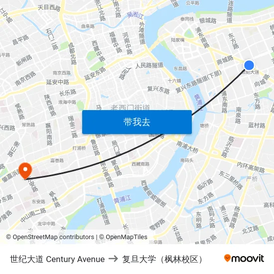 世纪大道 Century Avenue to 复旦大学（枫林校区） map