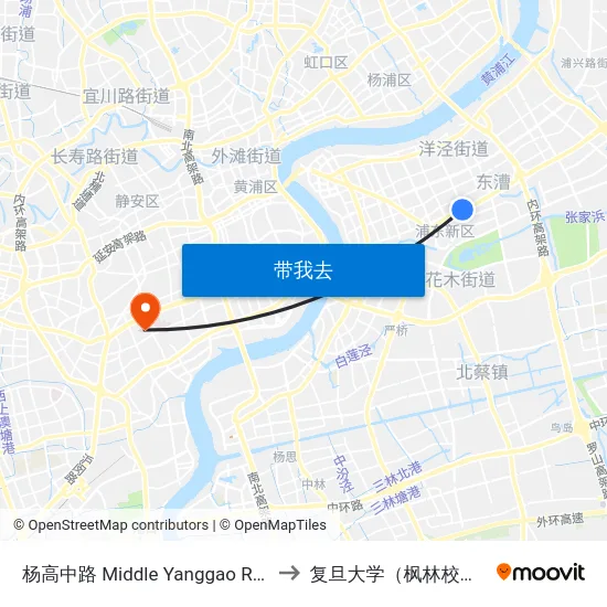 杨高中路 Middle Yanggao Road to 复旦大学（枫林校区） map