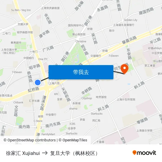 徐家汇 Xujiahui to 复旦大学（枫林校区） map