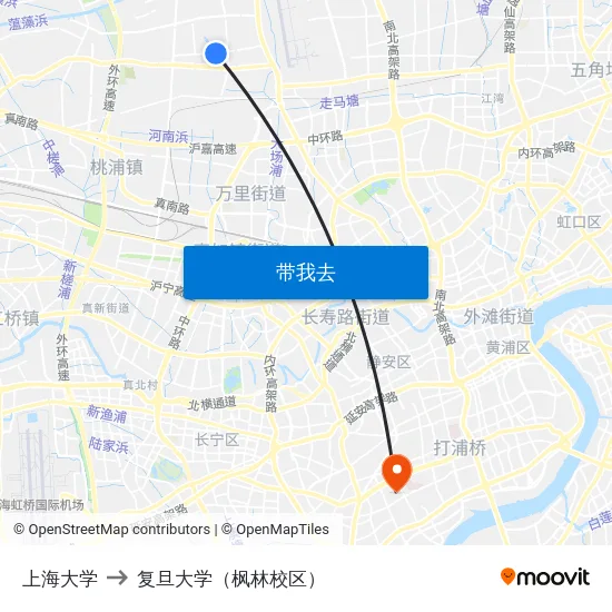 上海大学 to 复旦大学（枫林校区） map