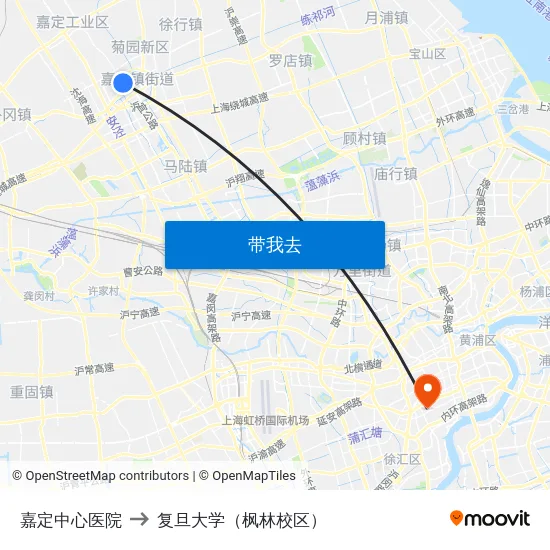 嘉定中心医院 to 复旦大学（枫林校区） map