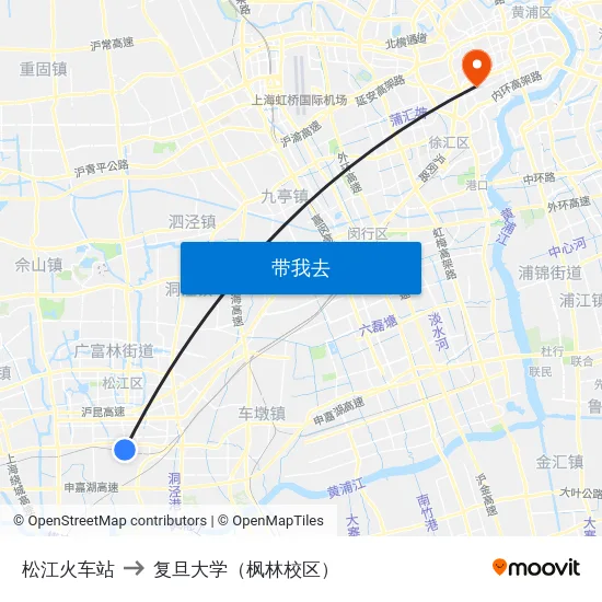 松江火车站 to 复旦大学（枫林校区） map