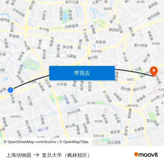 上海动物园 to 复旦大学（枫林校区） map