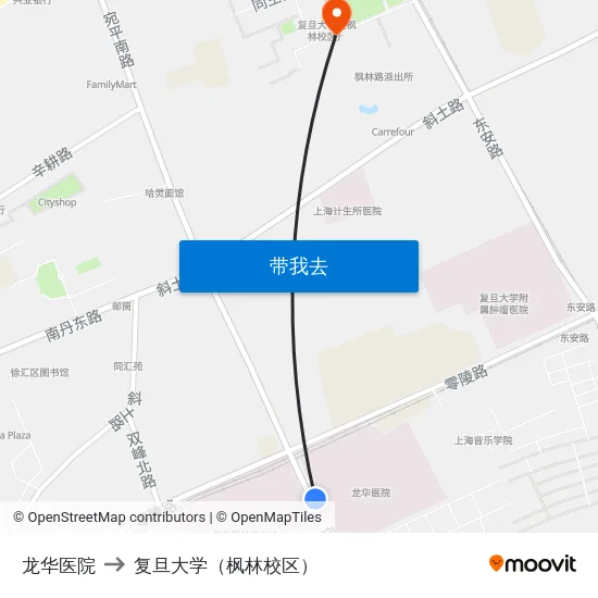 龙华医院 to 复旦大学（枫林校区） map
