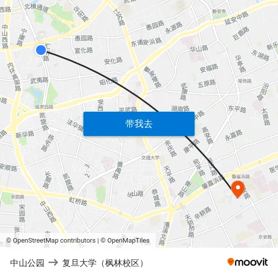 中山公园 to 复旦大学（枫林校区） map