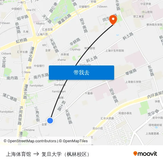 上海体育馆 to 复旦大学（枫林校区） map
