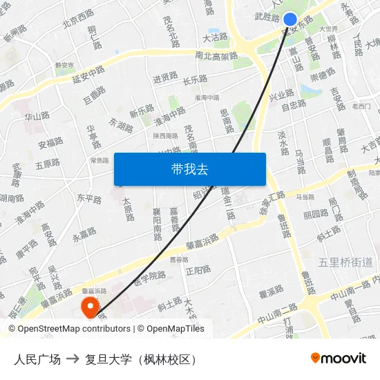 人民广场 to 复旦大学（枫林校区） map