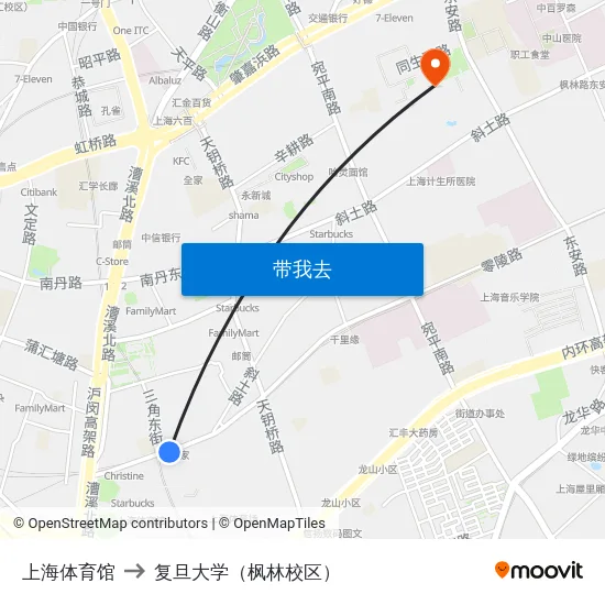 上海体育馆 to 复旦大学（枫林校区） map