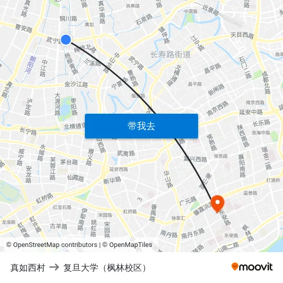 真如西村 to 复旦大学（枫林校区） map