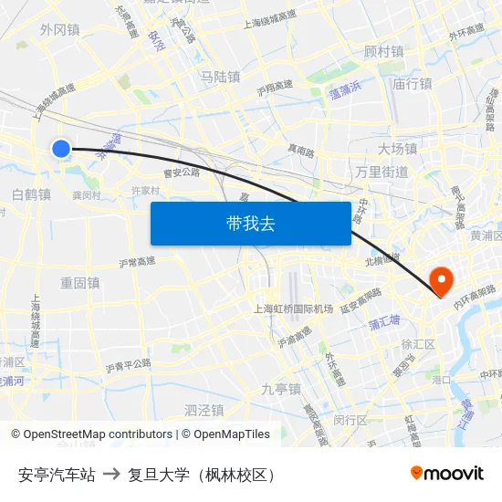 安亭汽车站 to 复旦大学（枫林校区） map