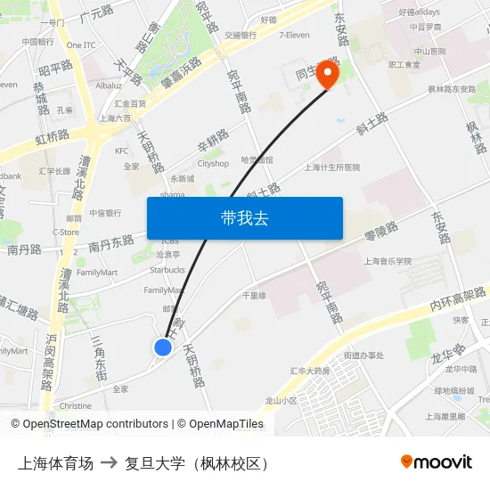 上海体育场 to 复旦大学（枫林校区） map