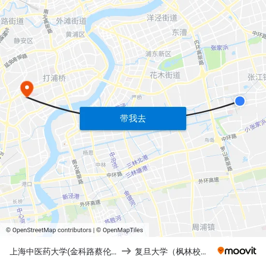上海中医药大学(金科路蔡伦路) to 复旦大学（枫林校区） map