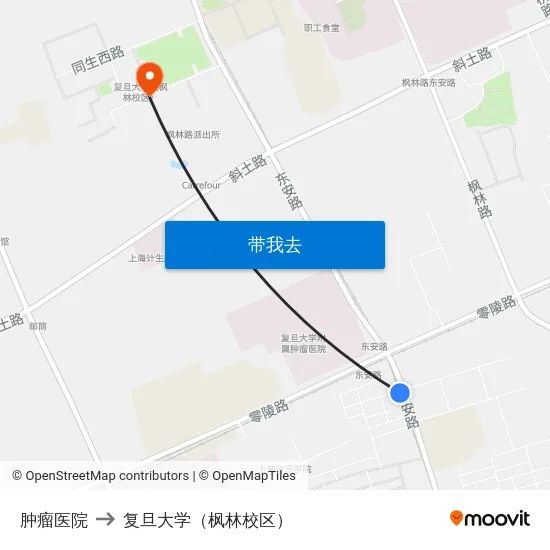 肿瘤医院 to 复旦大学（枫林校区） map
