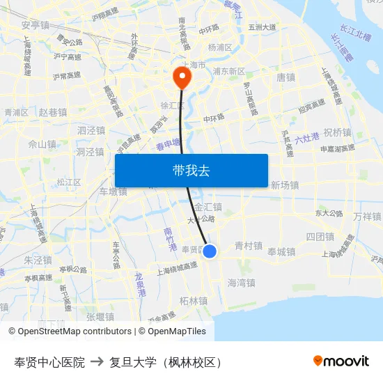 奉贤中心医院 to 复旦大学（枫林校区） map