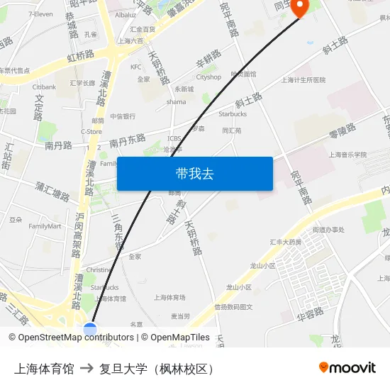 上海体育馆 to 复旦大学（枫林校区） map