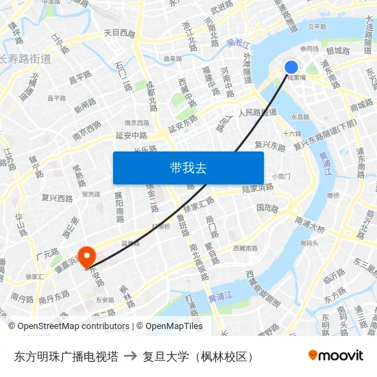 东方明珠广播电视塔 to 复旦大学（枫林校区） map