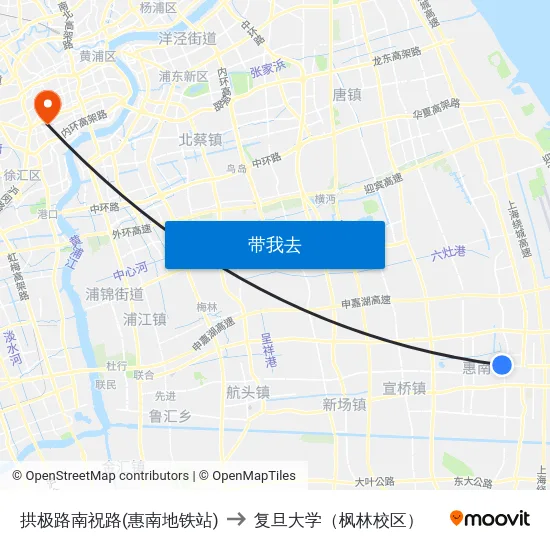 拱极路南祝路(惠南地铁站) to 复旦大学（枫林校区） map