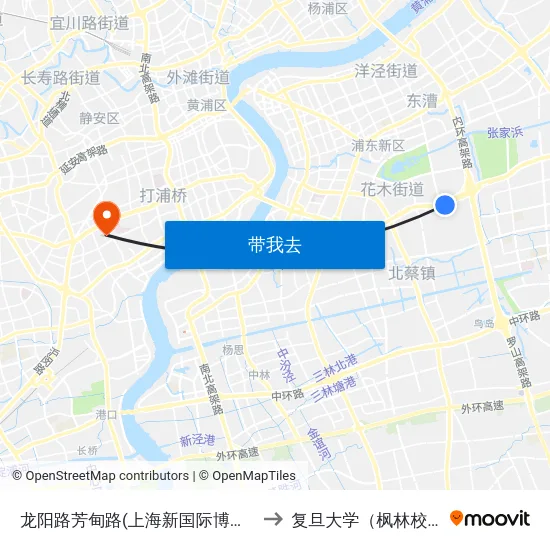 龙阳路芳甸路(上海新国际博览中心) to 复旦大学（枫林校区） map