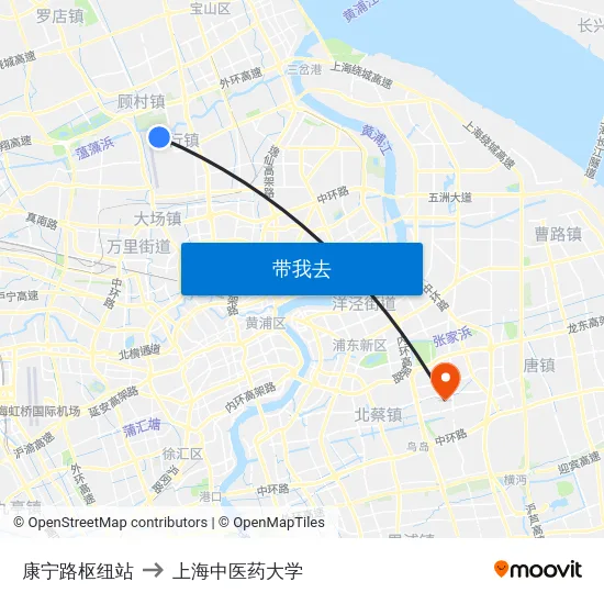 康宁路枢纽站 to 上海中医药大学 map