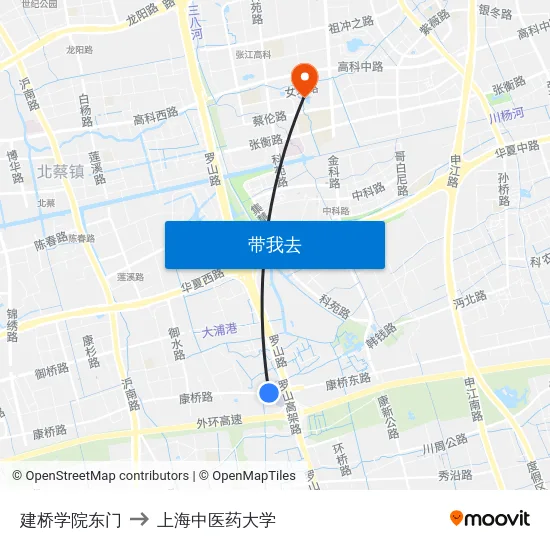 建桥学院东门 to 上海中医药大学 map