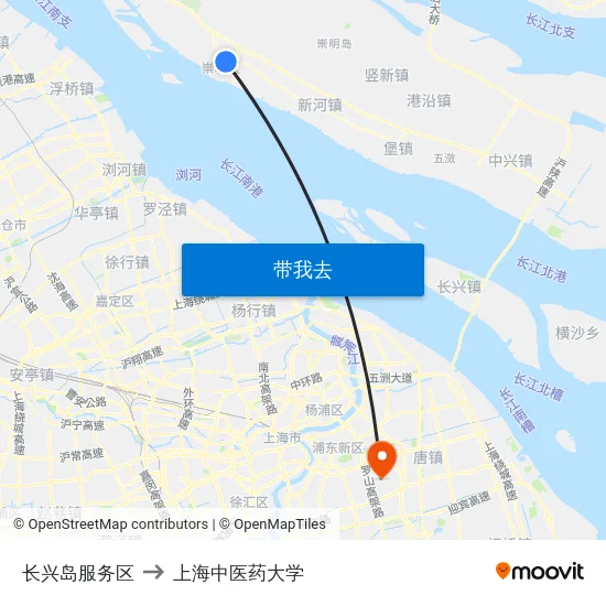 长兴岛服务区 to 上海中医药大学 map