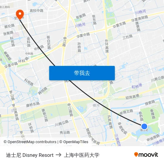 迪士尼 Disney Resort to 上海中医药大学 map