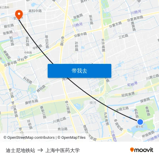 迪士尼地铁站 to 上海中医药大学 map
