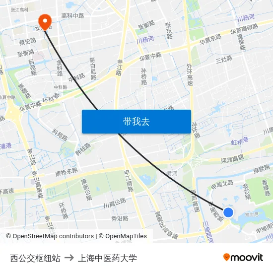 西公交枢纽站 to 上海中医药大学 map