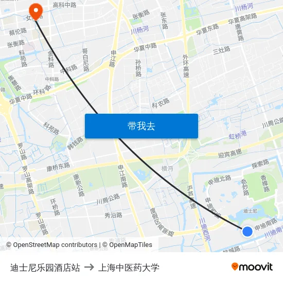 迪士尼乐园酒店站 to 上海中医药大学 map