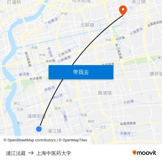 浦江法庭 to 上海中医药大学 map