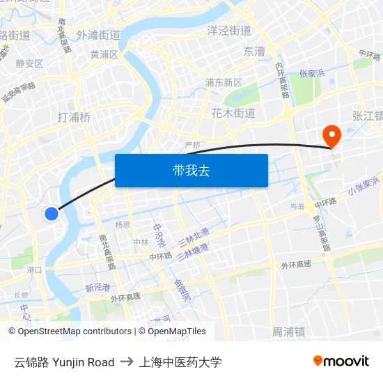 云锦路 Yunjin Road to 上海中医药大学 map